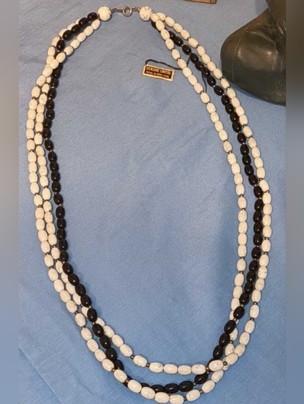 Vintage Mid Century Multi Strand Lucite Bead Necklace Confetti Black Cream NWT